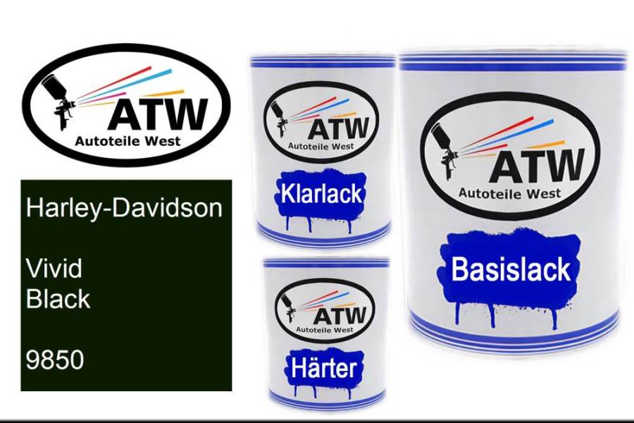 Harley-Davidson, Vivid Black, 9850: 1L Lackdose + 1L Klarlack + 500ml Härter - Set, von ATW Autoteile West.